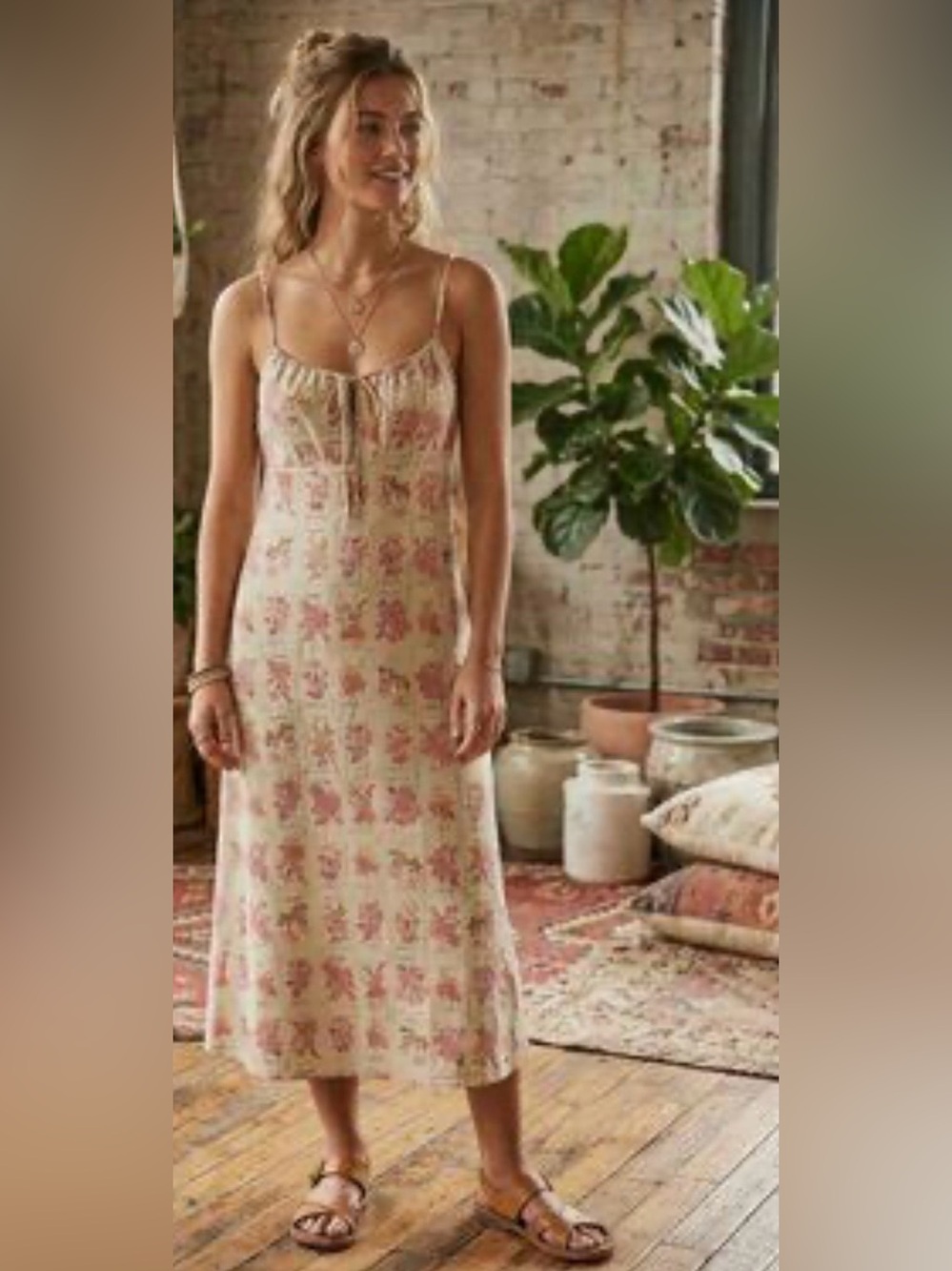 Monteau|Romantic neutral tan Floral Spaghetti Strap midi maxi dress•••Coquette